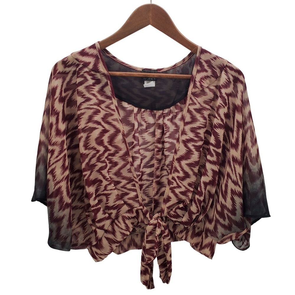 Daytrip Womens M Burgundy Cream Chevron Ikat Tie Front Sheer Boho Kimono‎ Top